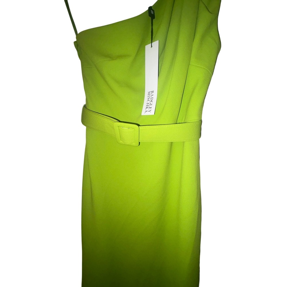$895 Badgley Mischka Womens One Shoulder Belted Gown Lime Green Size 4 NWT - Picture 13 of 16